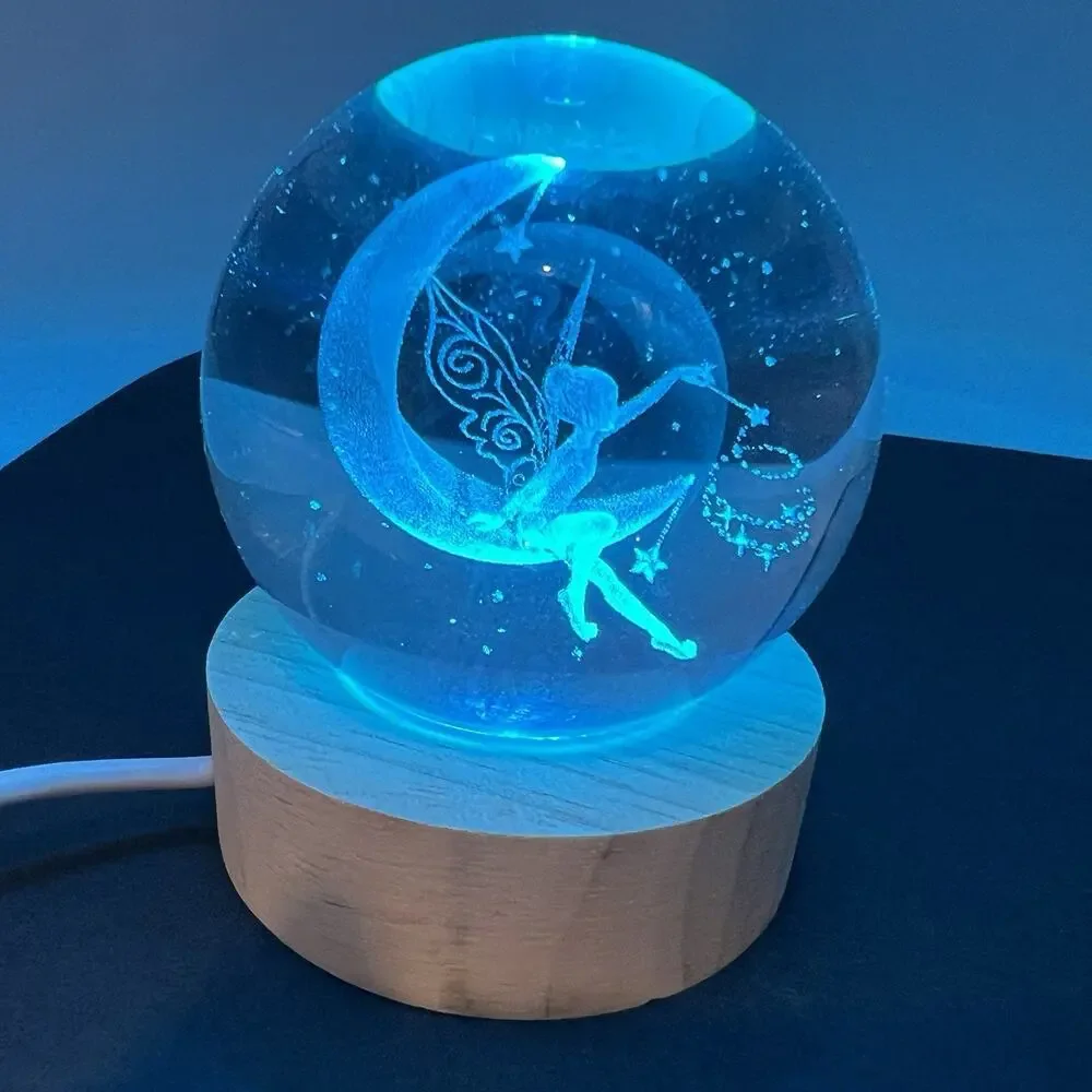 Lighted Tinkerbell Moon Fairy Glass Orb Ball Paperweight Night Light 2.5